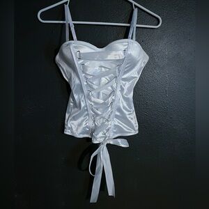 White silky lace up corset with bow